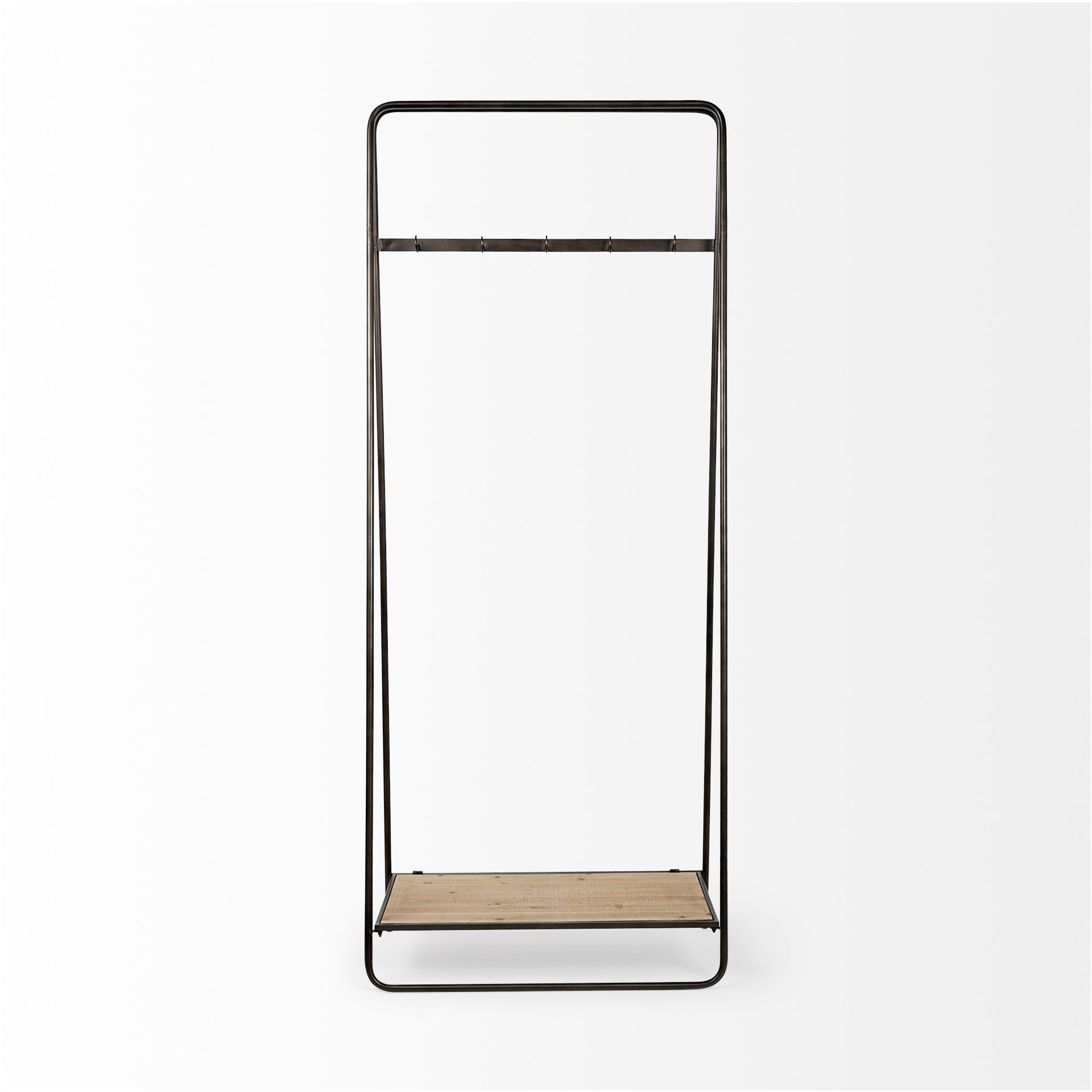 Carell 31L x 18W Black Metal And Wood Shelf Hall Tree, Entry & Hallway by Mercana, 31.1" length x 18.11" width x 77.17" height View 3