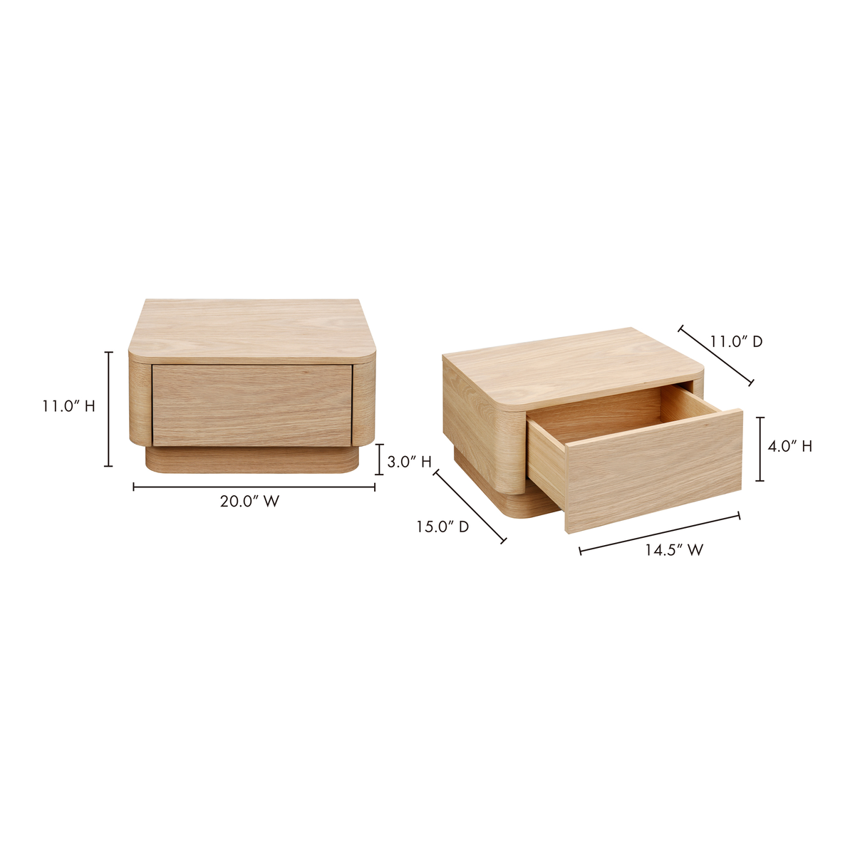 Round Off Small Nightstand Light Oak Brown, by Moe's Home, 20" width x 11" height x 15" depth View 9