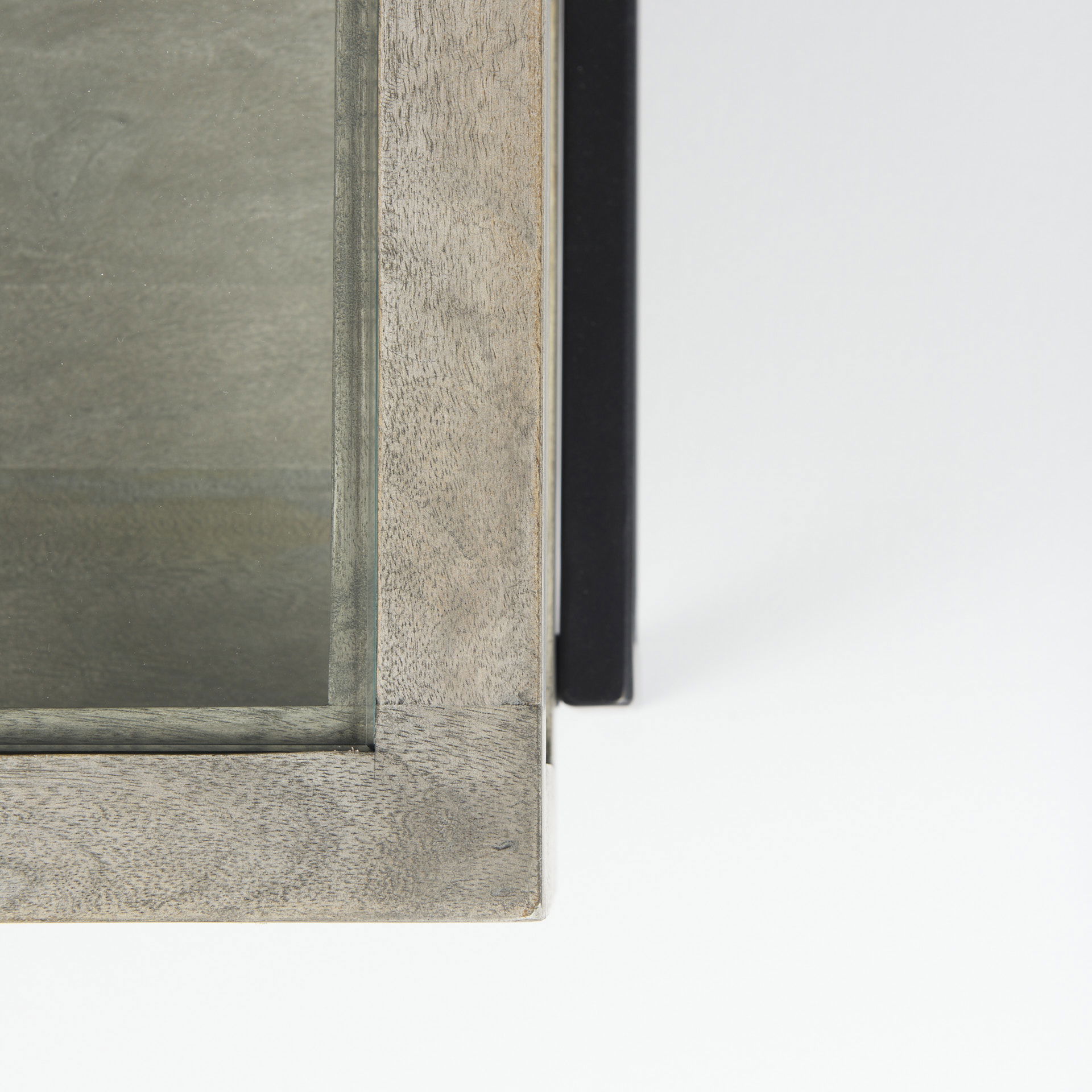 Arelius 42' Square Glass-Top Gray Wood with Black Metal Base Display Coffee Table, by Mercana, 43.5" length x 42" width x 15" height View 9