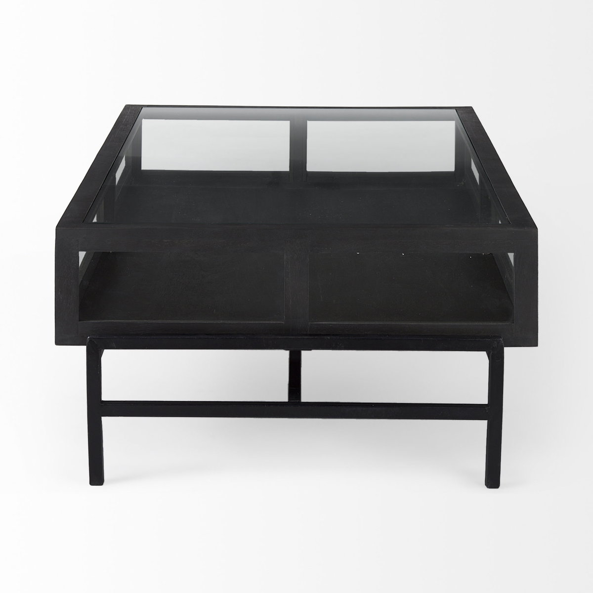 Arelius 49.5'L Rectangular Glass-Top Black-Brown Wood with Black Metal Base Display Coffee Table, by Mercana, 49.5" length x 28" width x 15" height View 3