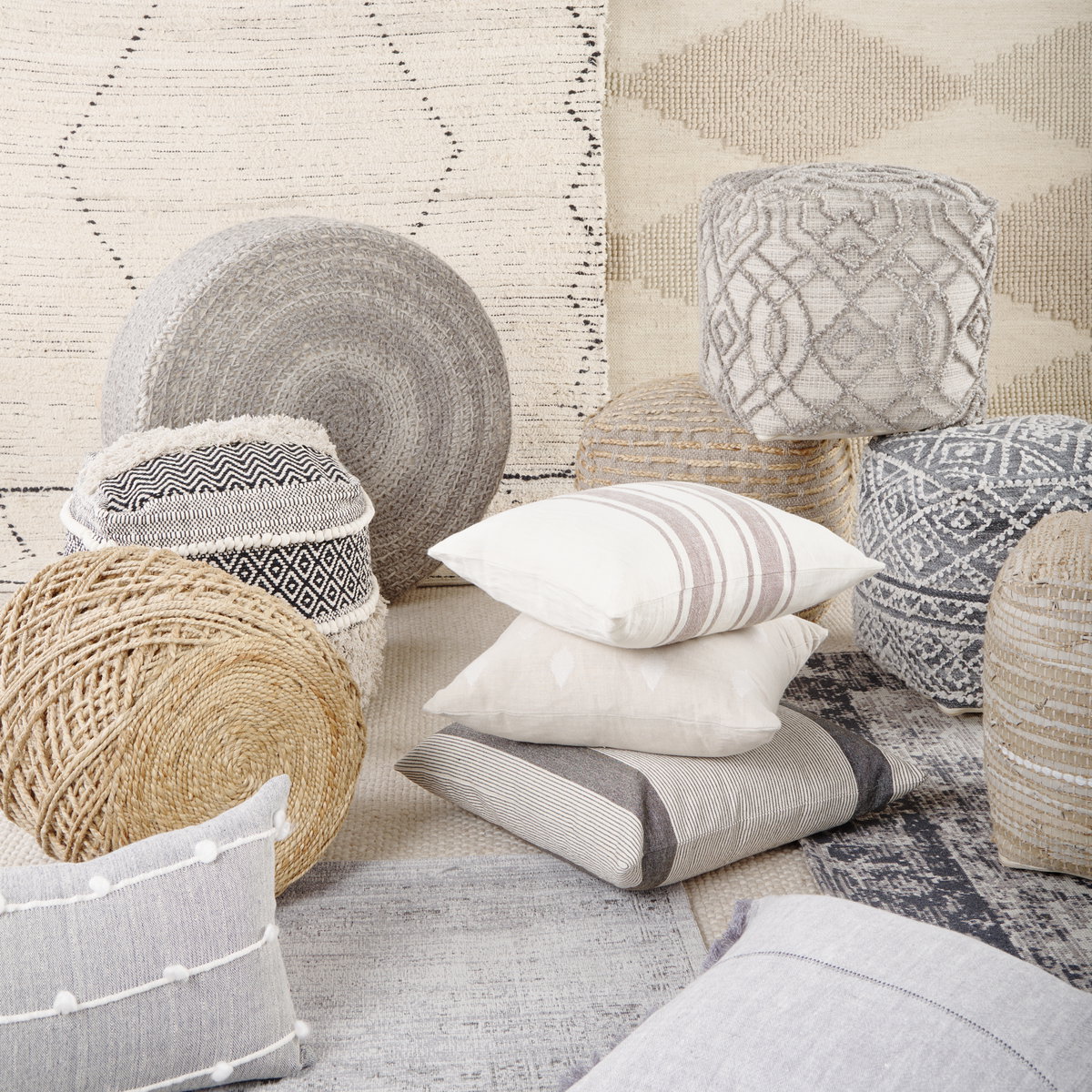 Darika  Black/White/Gray Cotton Pouf, Ottoman by Mercana, 16" length x 16" width x 16" height View 3