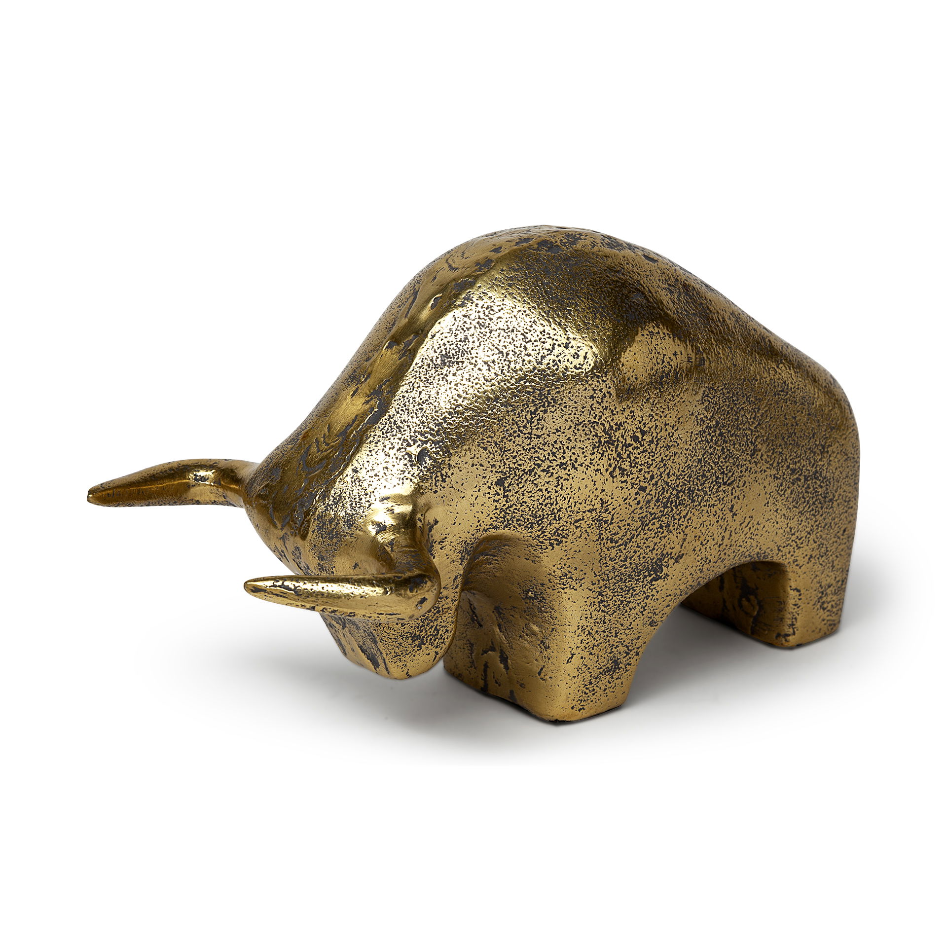 Tauro I 9L x 4W Gold Cast Aluminum Raging Bull, Decorative Object by Mercana, 9" length x 4.25" width x 5" height View 1