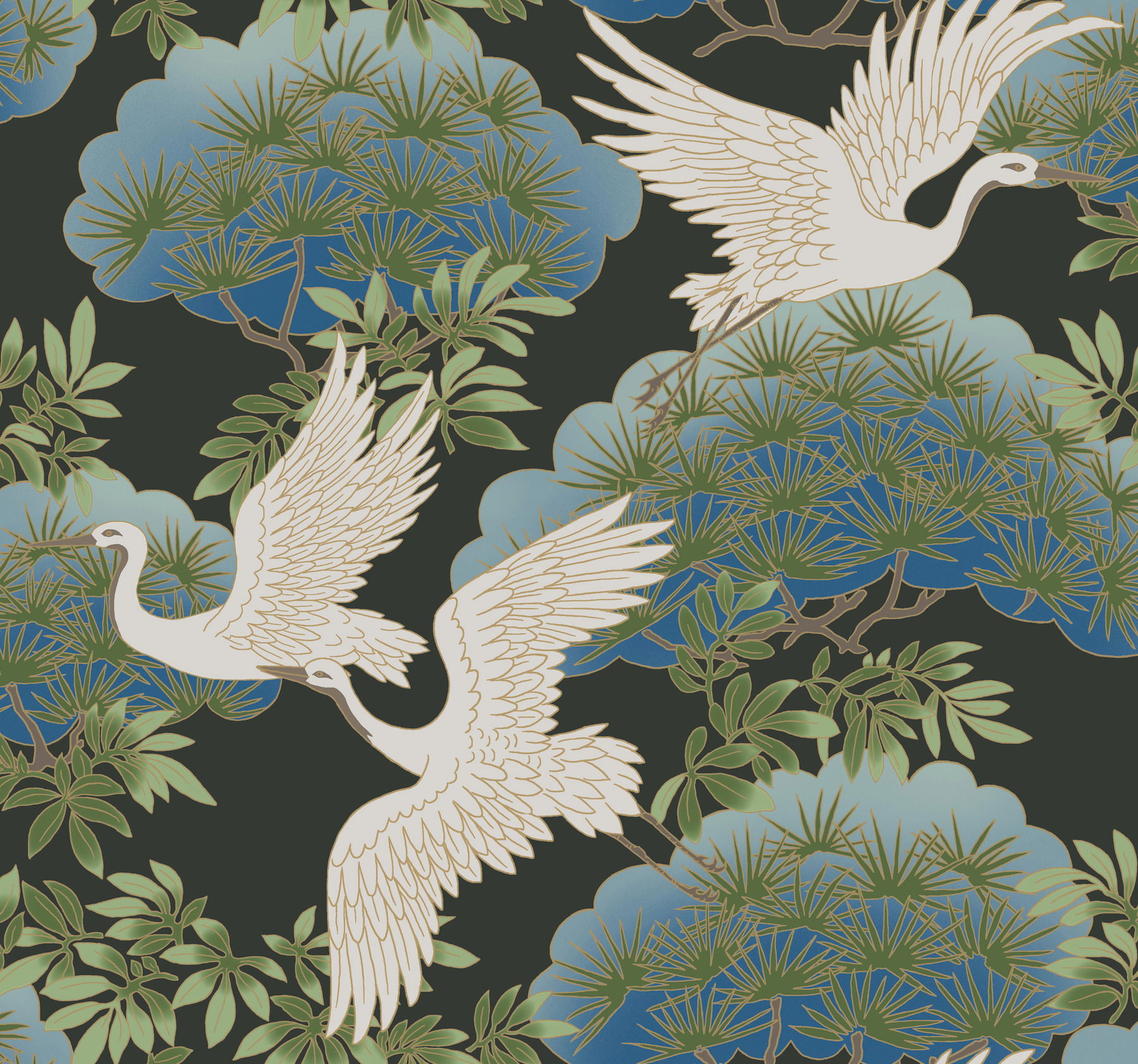 Sprig & Heron Black Wallpaper large image 