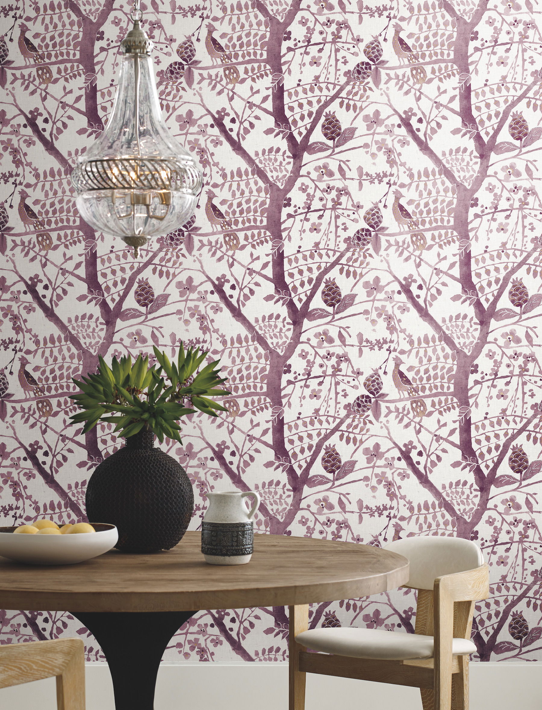 Peacock Block Print Purple Wallpaper large image 