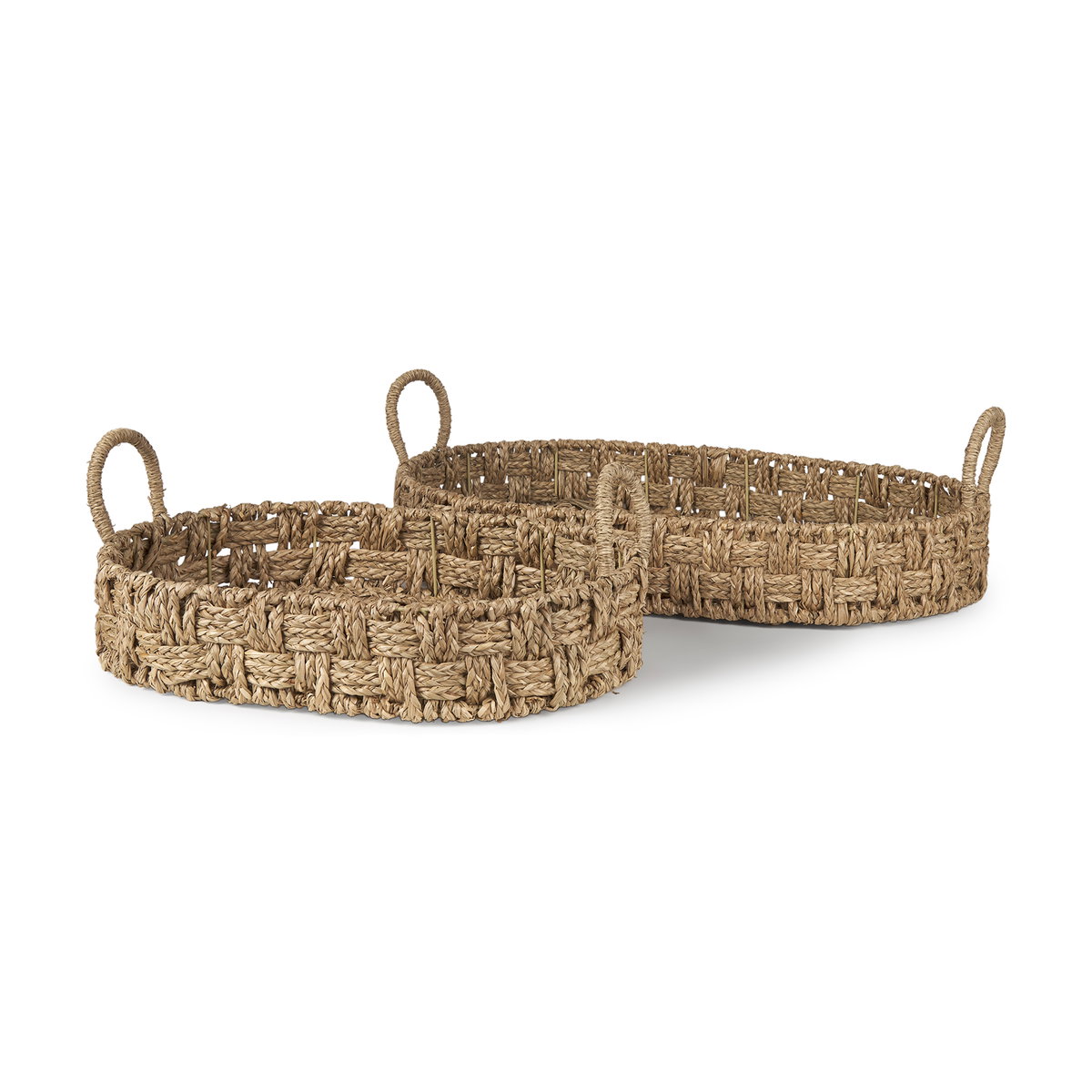 Haini Set of 2 Large Basketweave Seagrass Trays with Loop Handles, Decorative Tray by Mercana, 25.98" length x 16.14" width x 3.94" height View 1