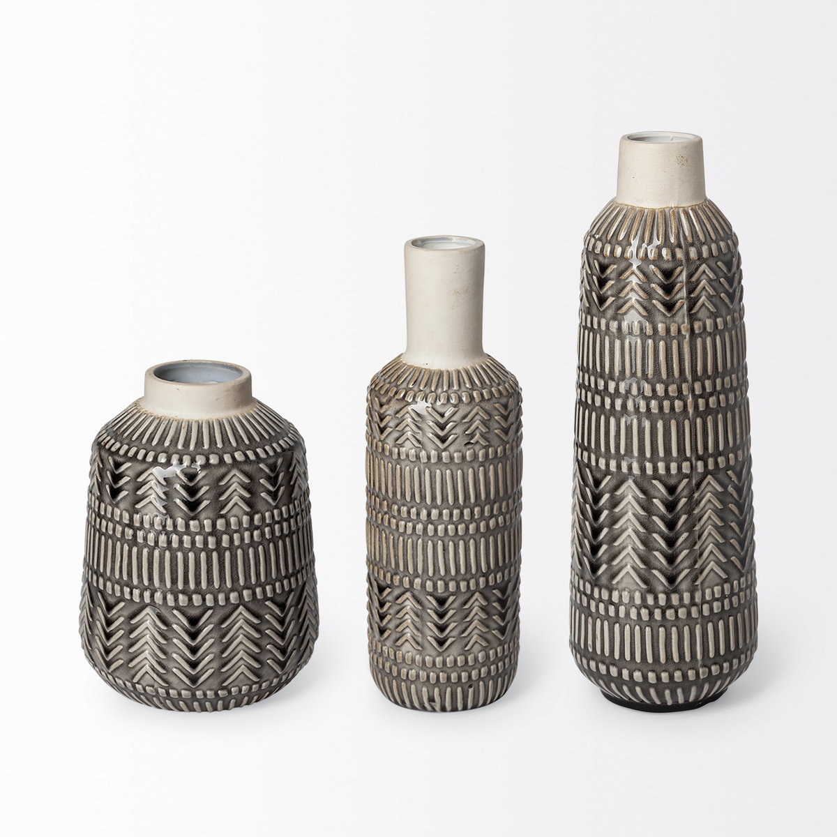 Riker III Large Dark Gray Cream Ceramic Vase, by Mercana, 5.12" length x 5.12" width x 14.17" height View 5