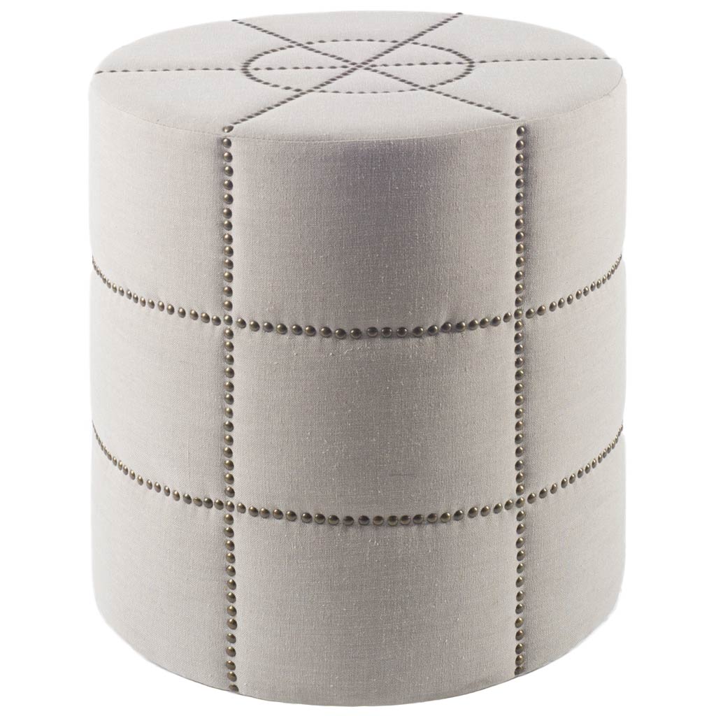 Beacon 20.5'H Cream Fabric with Metal Tacks Round Ottoman, by Mercana, 19.69" length x 19.69" width x 20.75" height View 1