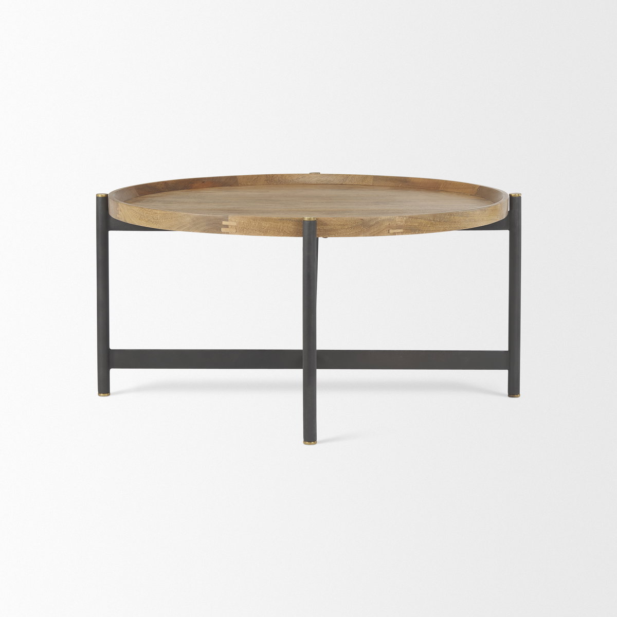 Marquisa 34.25' Round Small Brown Wood with Black Metal Coffee Table, by Mercana, 34.25" length x 34.25" width x 16.5" height View 4