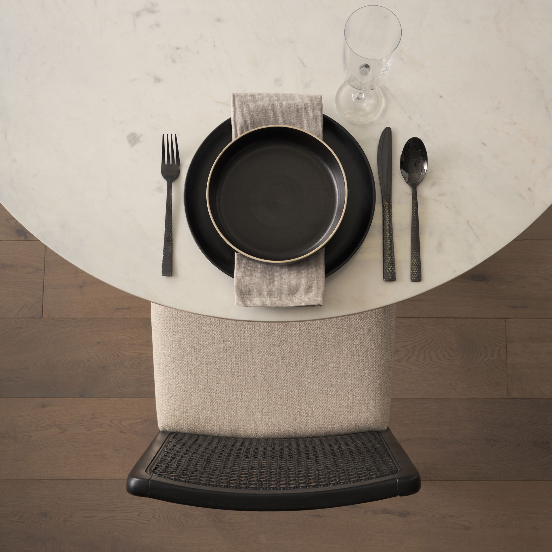 Clara Black Wood with Cream Fabric Seat and Cane Back Armless Dining Chair, by Mercana, 18" length x 23.25" width x 33.75" height View 4