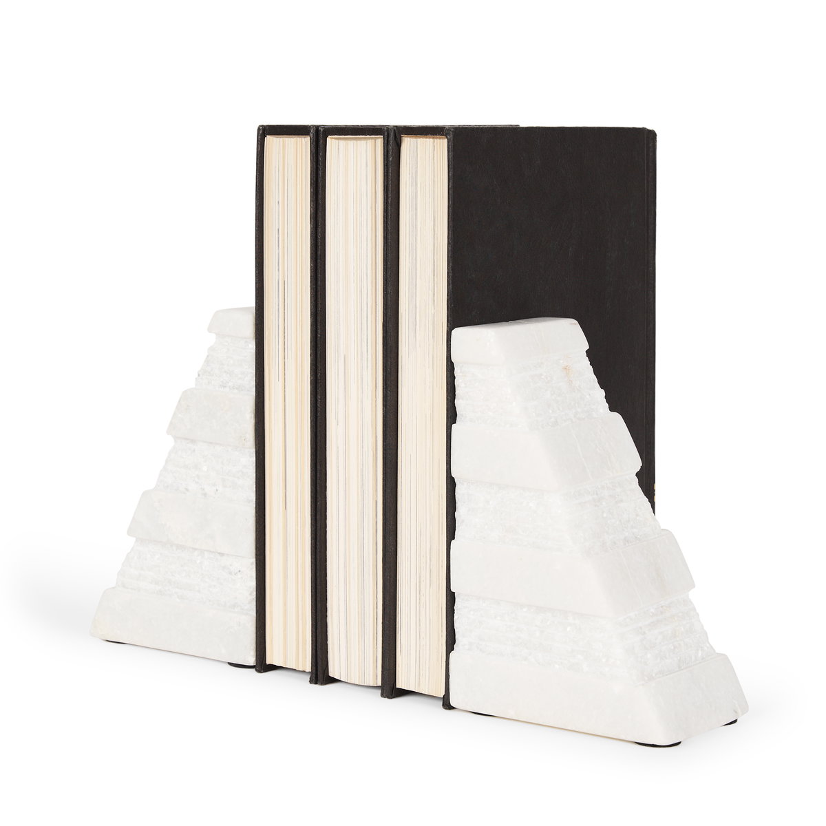 Cavetto White Marble Bookends with rough carving S/2, by Mercana, 4.25" length x 2.5" width x 6" height View 1