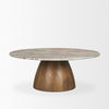 Allyson Round Brown Pedestal with Pink Marble Top Coffee Table, by Mercana, 42" length x 42" width x 16" height thumbnail 7