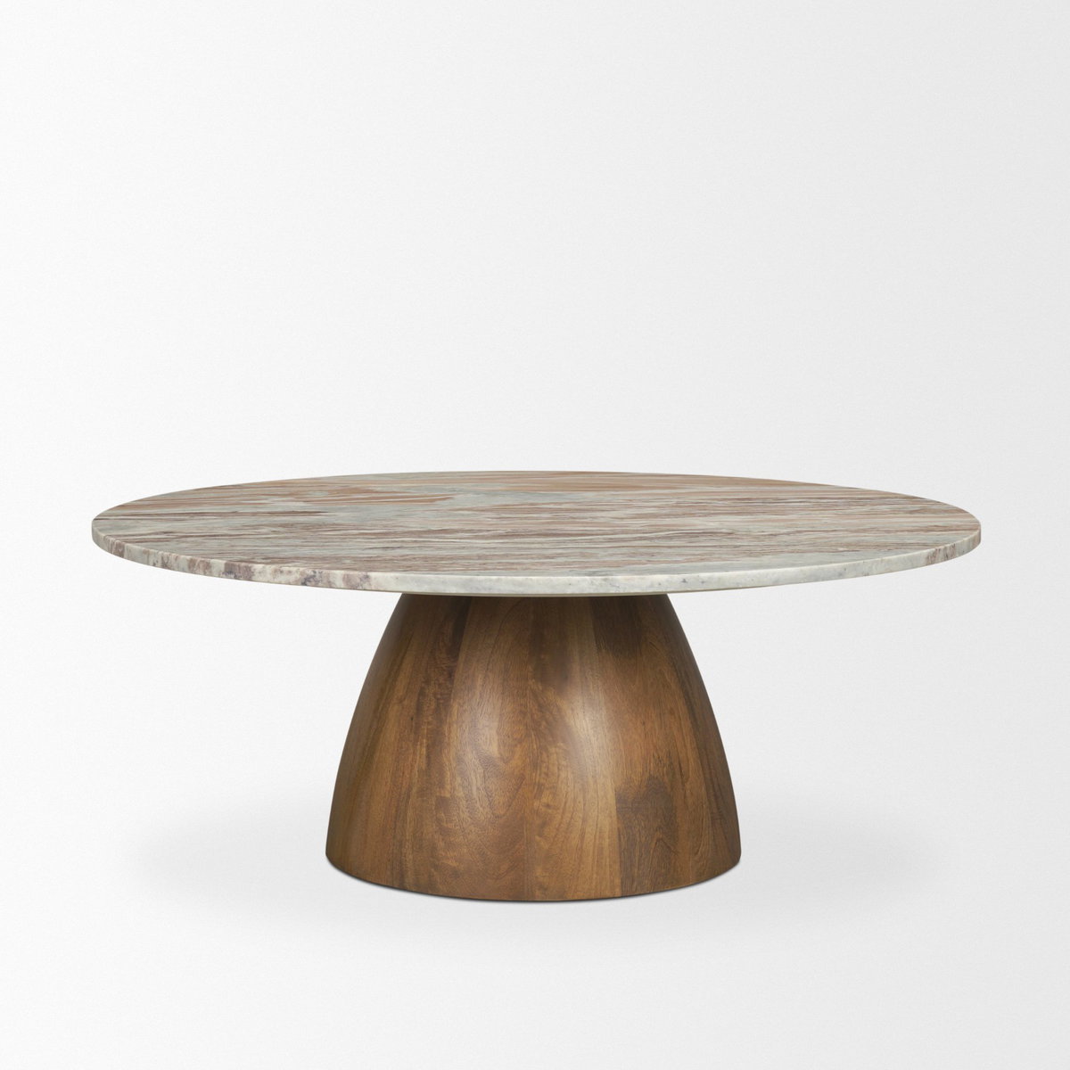 Allyson Round Brown Pedestal with Savar Pink Marble Top Coffee Table, by Mercana, 42" length x 42" width x 16" height View 7