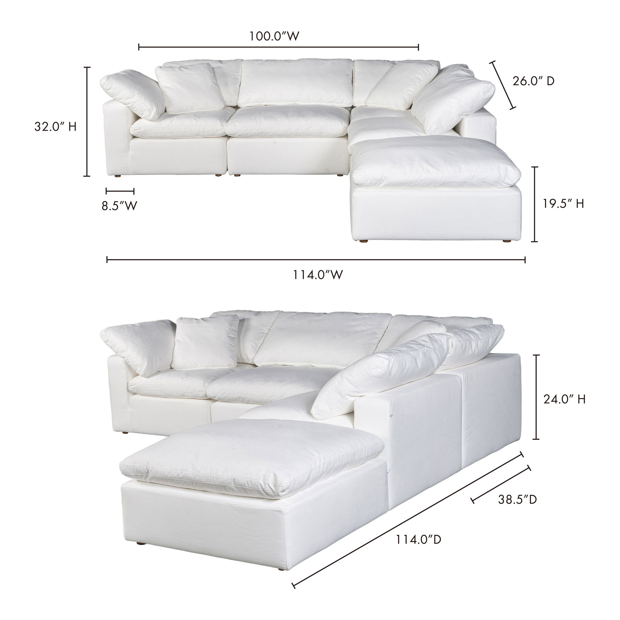 Terra Condo Dream Modular Sectional Cream White, Sectional Sofa by Moe's Home, 114" width x 32" height x 114" depth View 7
