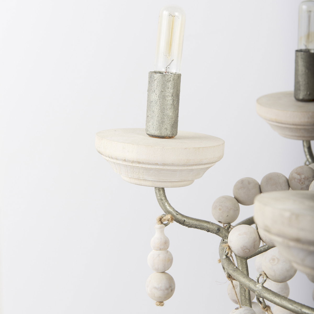 Phillum (29'x37') Silver Metal Chassis and White Wood Beaded Six Bulb Chandelier, by Mercana, 29" length x 29" width x 37" height View 8