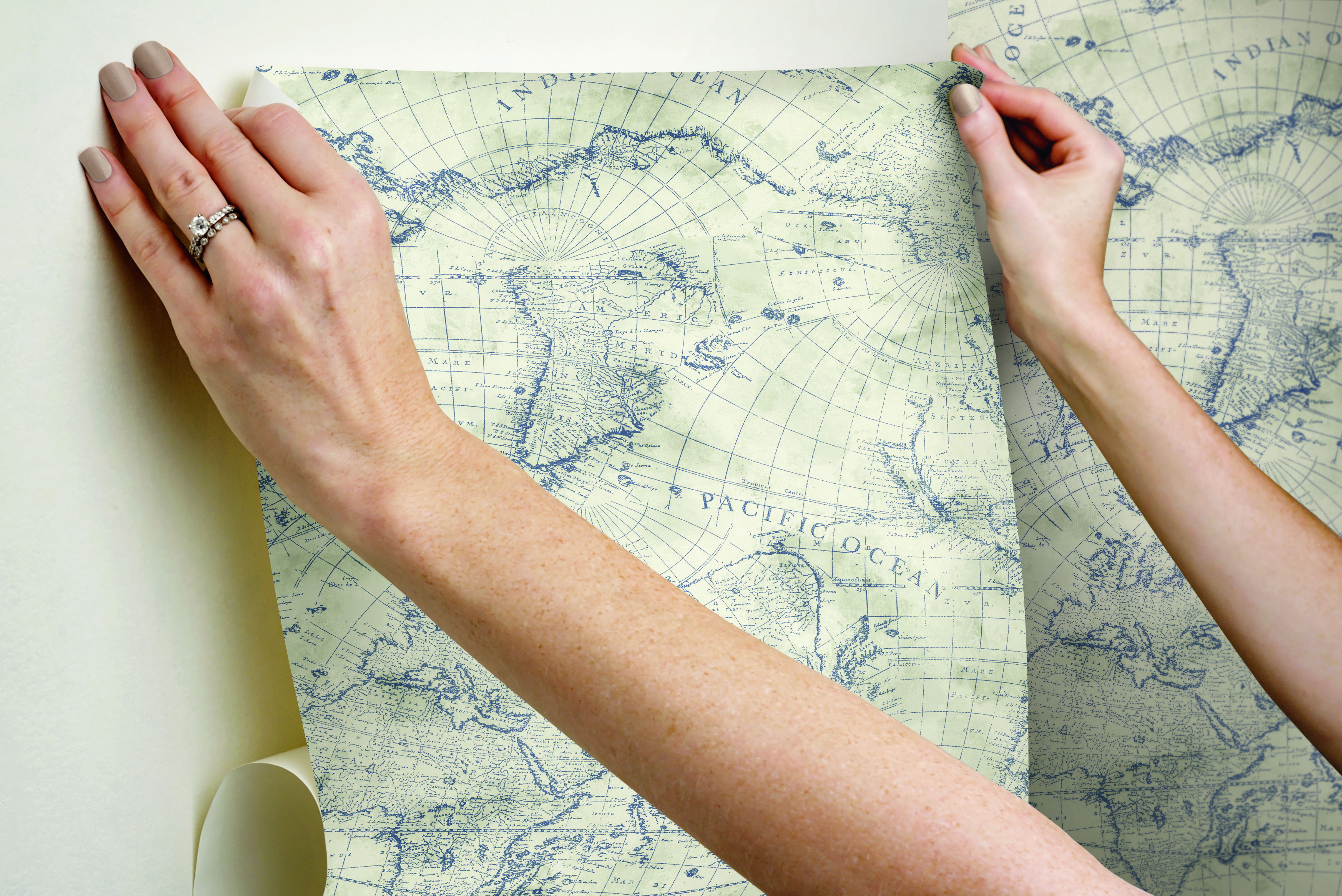 Coastal Map Blue & Beige Peel & Stick Wallpaper large image 
