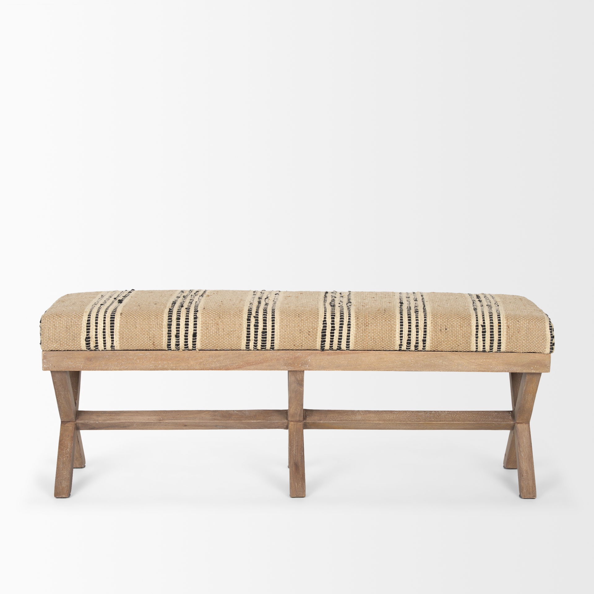 Solis 50L x 16W Brown Base Upholstered Beige/Black Stripe Seat Accent Bench large image 
