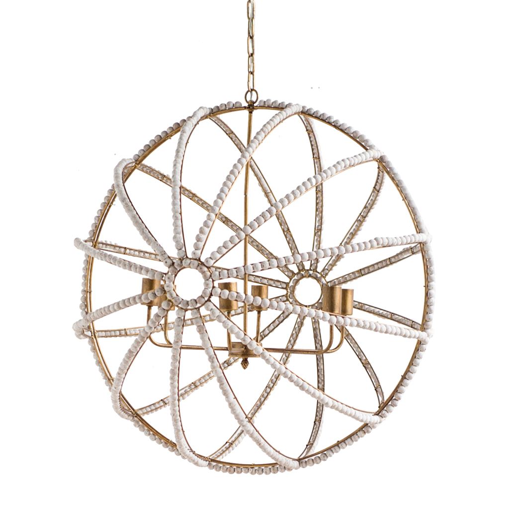 Ava White (34'D) Gold Metal and White Wood Beaded Six Bulb Chandelier, by Mercana, 34" length x 34" width x 34" height View 1