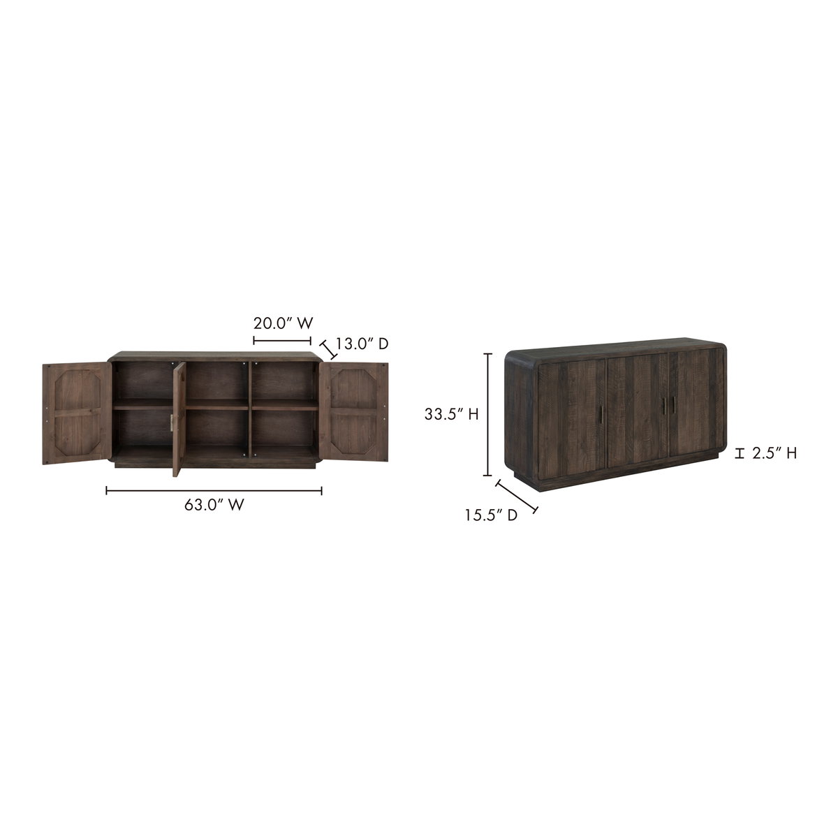 Monterey Sideboard Aged Brown, Cabinets & Sideboard by Moe's Home, 63" width x 33.5" height x 15.75" depth View 8