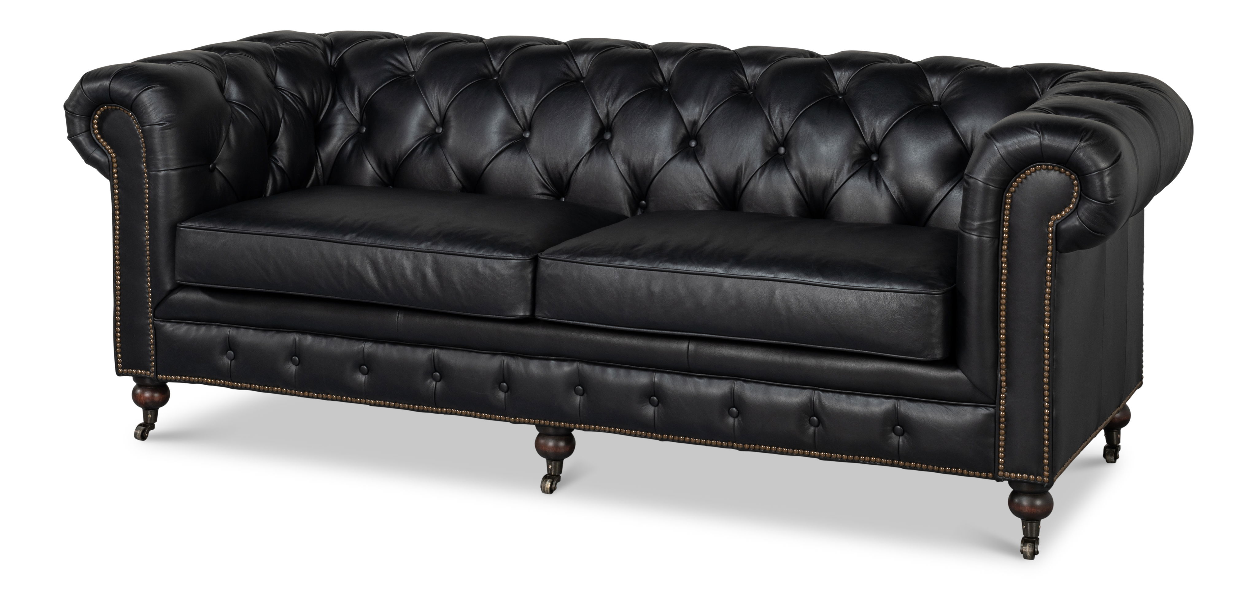 Castered Chesterfield Sofa,Onyx Black, Sofas & Sectional by Sarreid, 89" length x 38" width x 32" height View 1