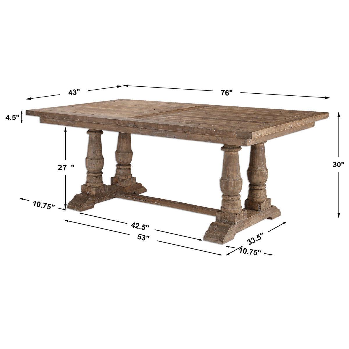 Stratford Salvaged Wood Dining Table, by Uttermost, 76" width x 30" height x 43" depth View 3