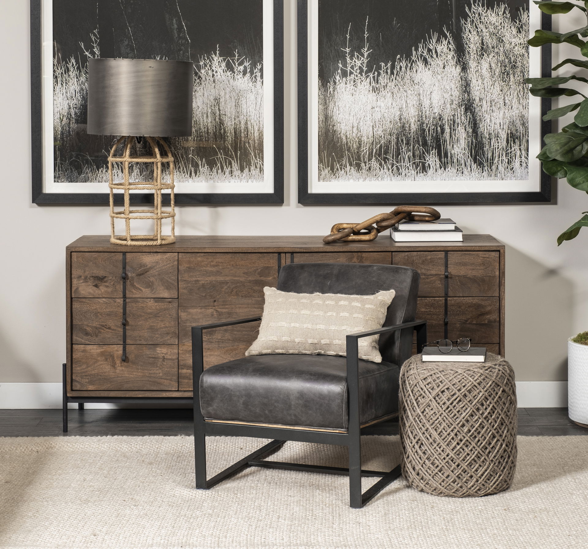 Stamford Black Genuine Leather Seat with Wood Back, Metal Frame Accent Chair, by Mercana, 24.41" length x 31.89" width x 28.94" height View 3