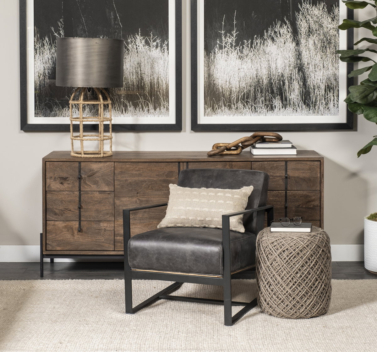 Stamford Black Genuine Leather Seat with Wood Back, Metal Frame Accent Chair, by Mercana, 24.41" length x 31.89" width x 28.94" height View 3