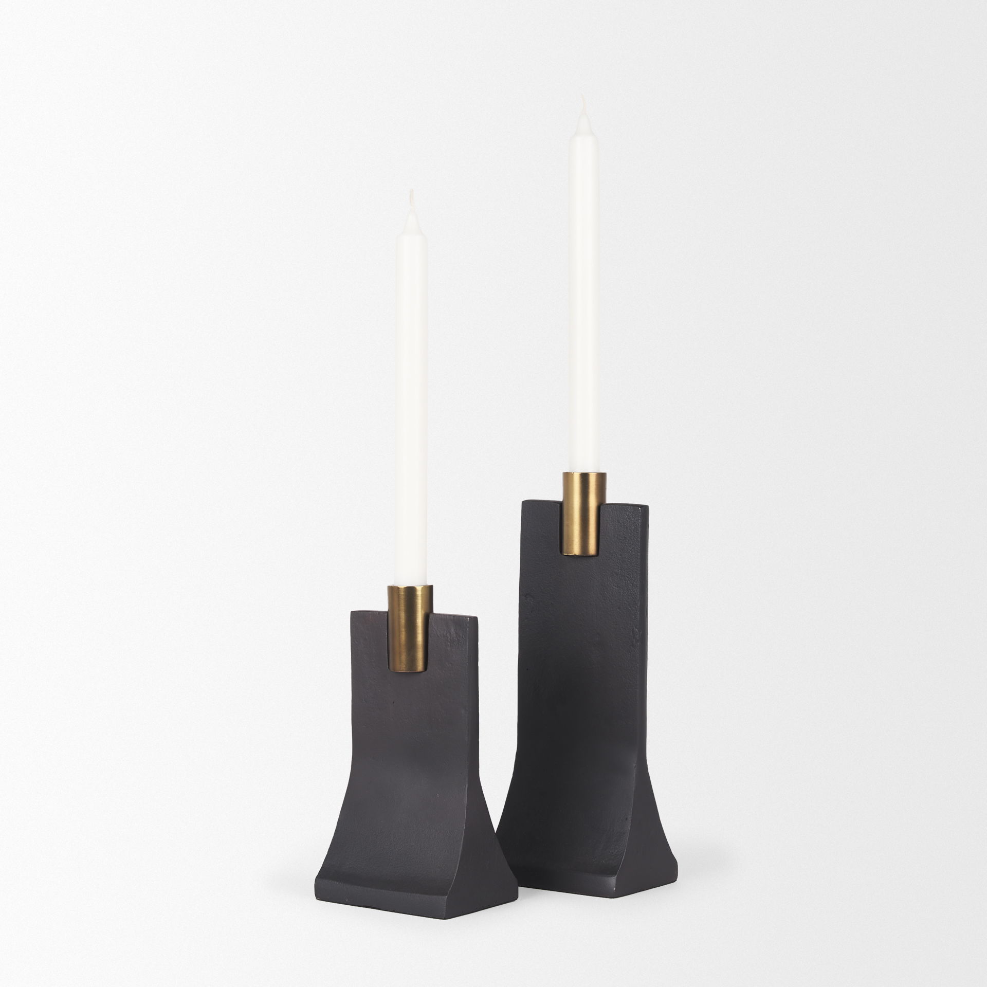 Polli Matte Black with Brushed Gold Metal Taper Candleholders (Set of 2), Candles & Candle Holder by Mercana, 4.33" length x 4.15" width x 11.4" height View 9