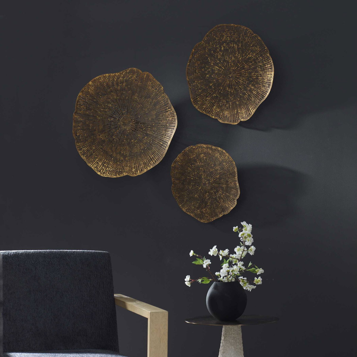 Radiance Gold Metal Wall Decor Set/3, Sculptural Wall Art by Uttermost, 23.5" width x 23" height x 3.75" depth View 4