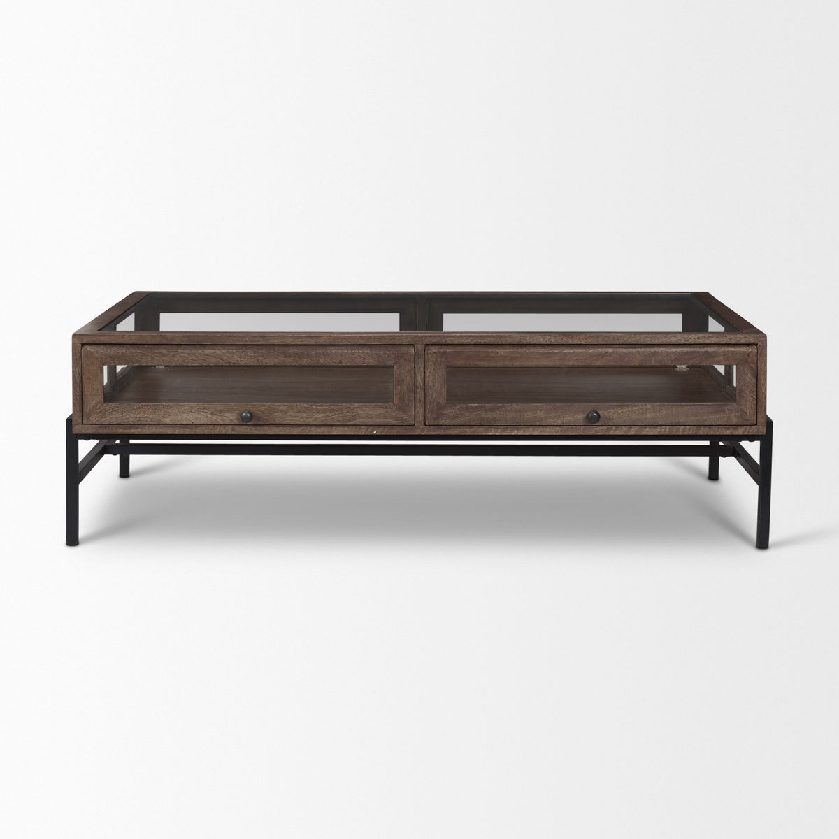 Arelius 49.5'L Rectangular Glass-Top Medium Brown Wood with Black Metal Base Display Coffee Table, by Mercana, 49.5" length x 29" width x 15" height View 4