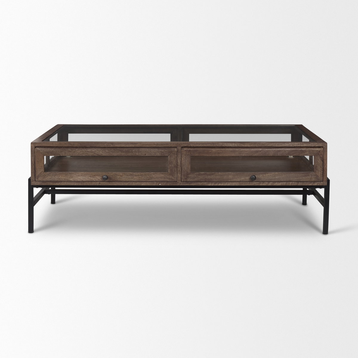 Arelius 49.5'L Rectangular Glass-Top Medium Brown Wood with Black Metal Base Display Coffee Table, by Mercana, 49.5" length x 29" width x 15" height View 4