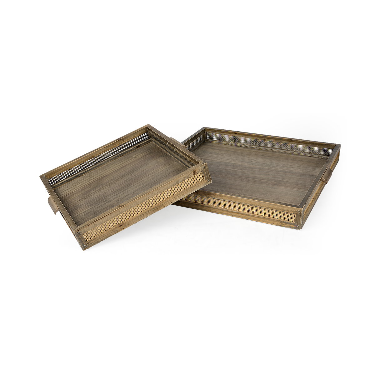Sonny 23.6L x 23.6W x 2.0H Set of Two Brown Wood and Wicker Square Trays, Decorative Tray by Mercana, 23.62" length x 23.62" width x 2.9" height View 1