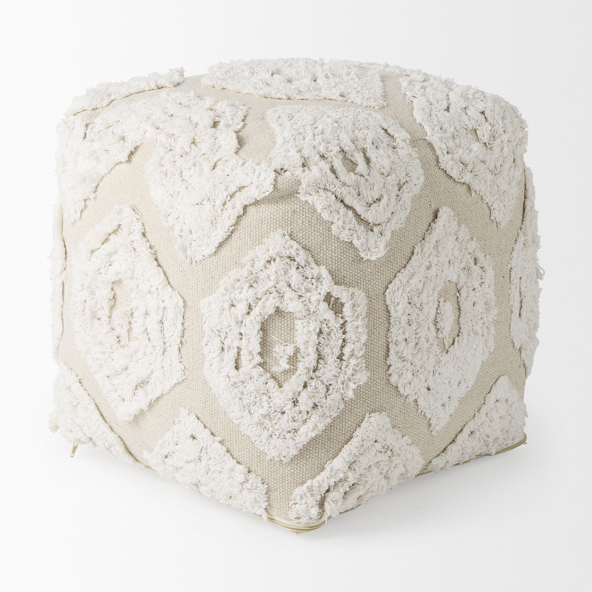 Ekanta   Cream/Beige Patterned Cotton Pouf, Ottoman by Mercana, 16" length x 16" width x 16" height View 4