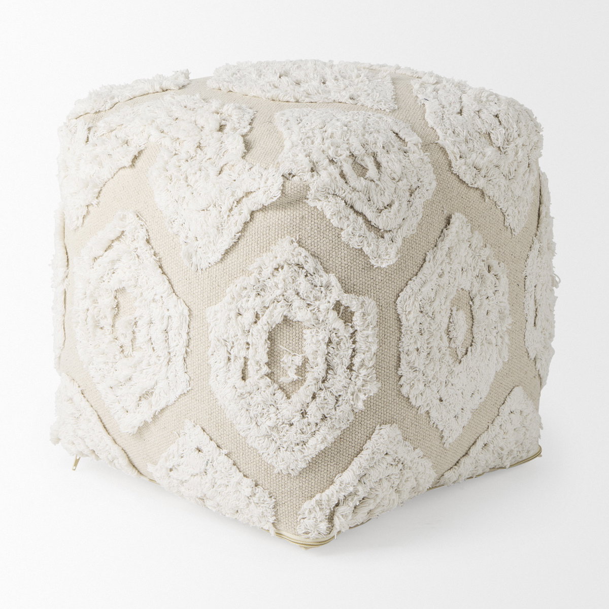 Ekanta   Cream/Beige Patterned Cotton Pouf, Ottoman by Mercana, 16" length x 16" width x 16" height View 4