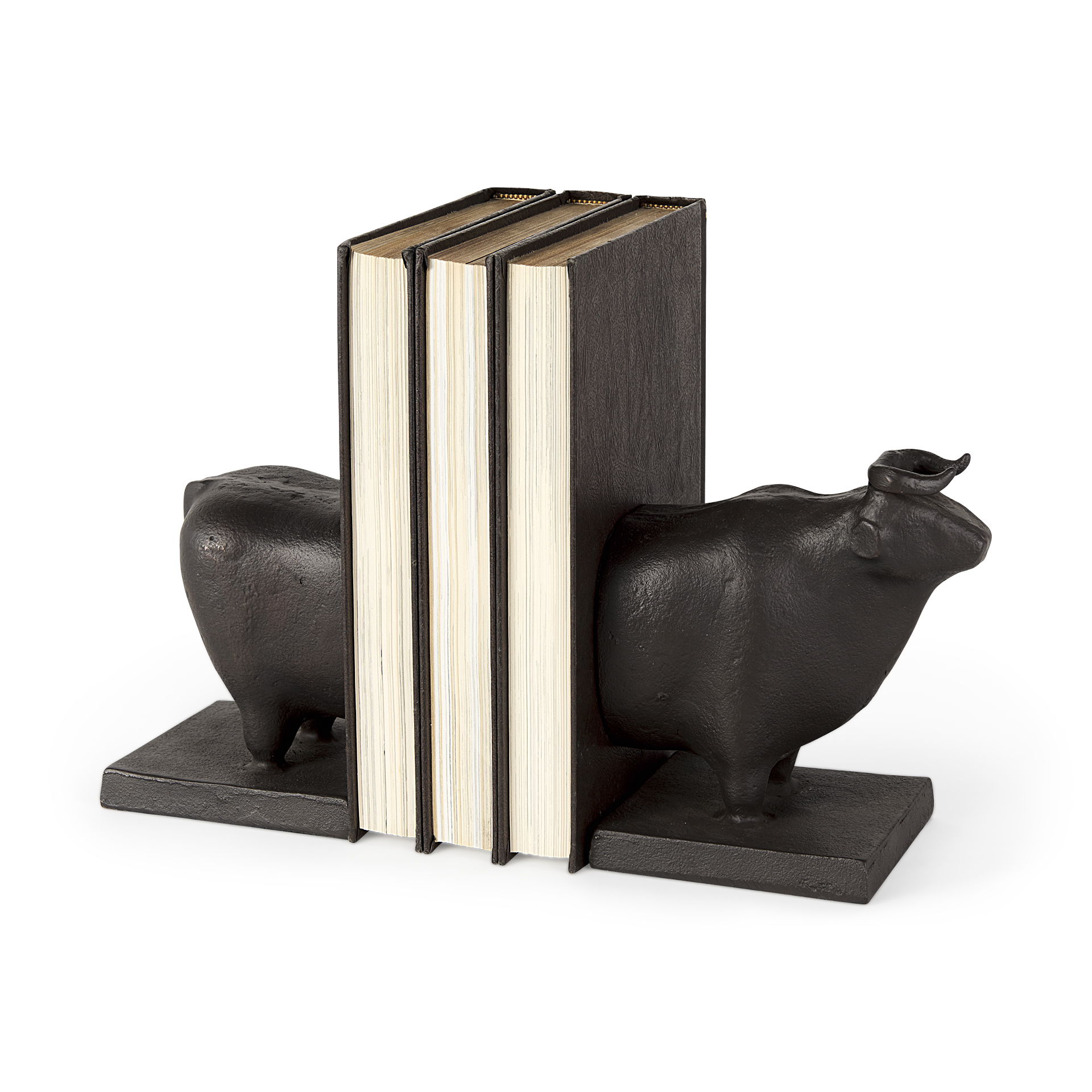 Taurus III (Set of 2) 9L x 4W Black Cast Aluminum Bull Bookends, by Mercana, 9" length x 4.25" width x 6.75" height View 1