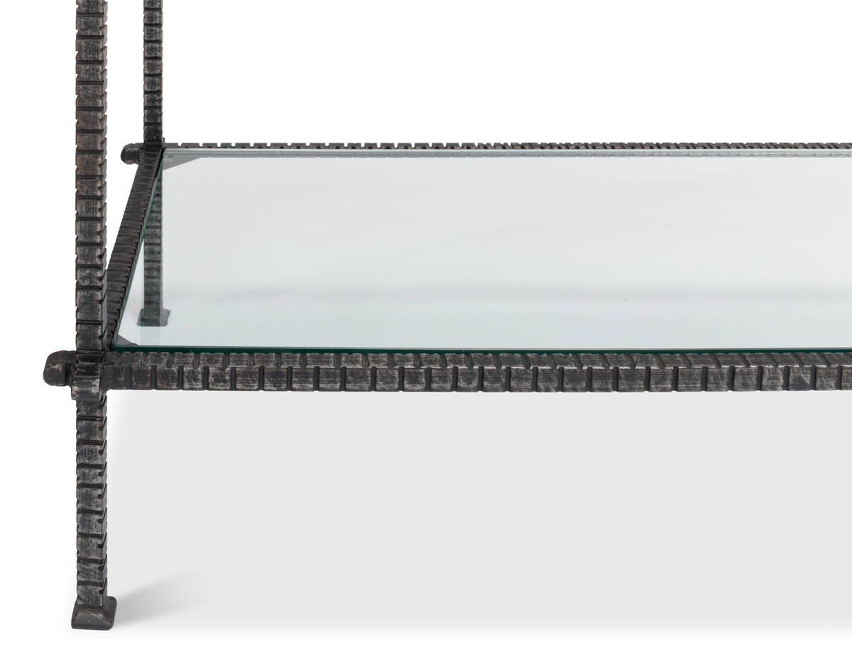 Hand Chased Iron Console Tble  Glass Top, by Sarreid, 1'4" length x 5' width x 2'9" height View 6