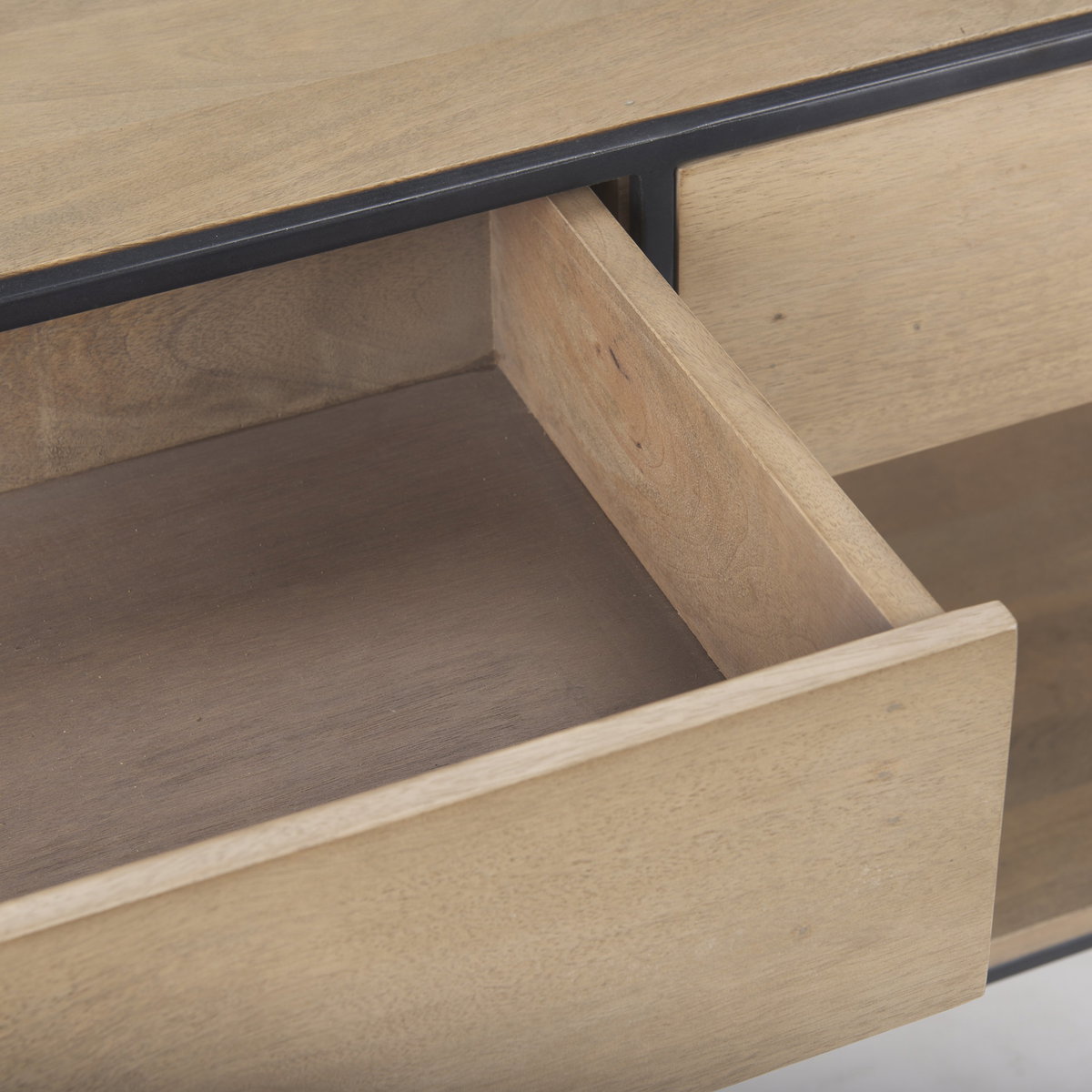 Morris  Beige Wood with Black Metal Frame 2 Drawer Console Table, by Mercana, 63" length x 15" width x 31" height View 8