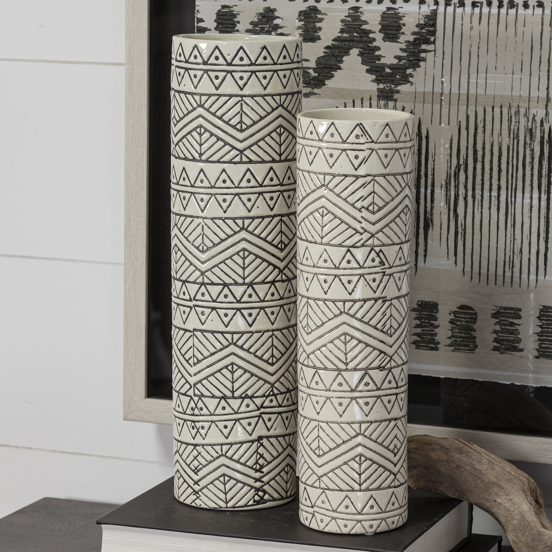 Uhura II Large Cream Black Patterned Cylindrical Ceramic Vase, by Mercana, 4.72" length x 4.72" width x 16.54" height View 3