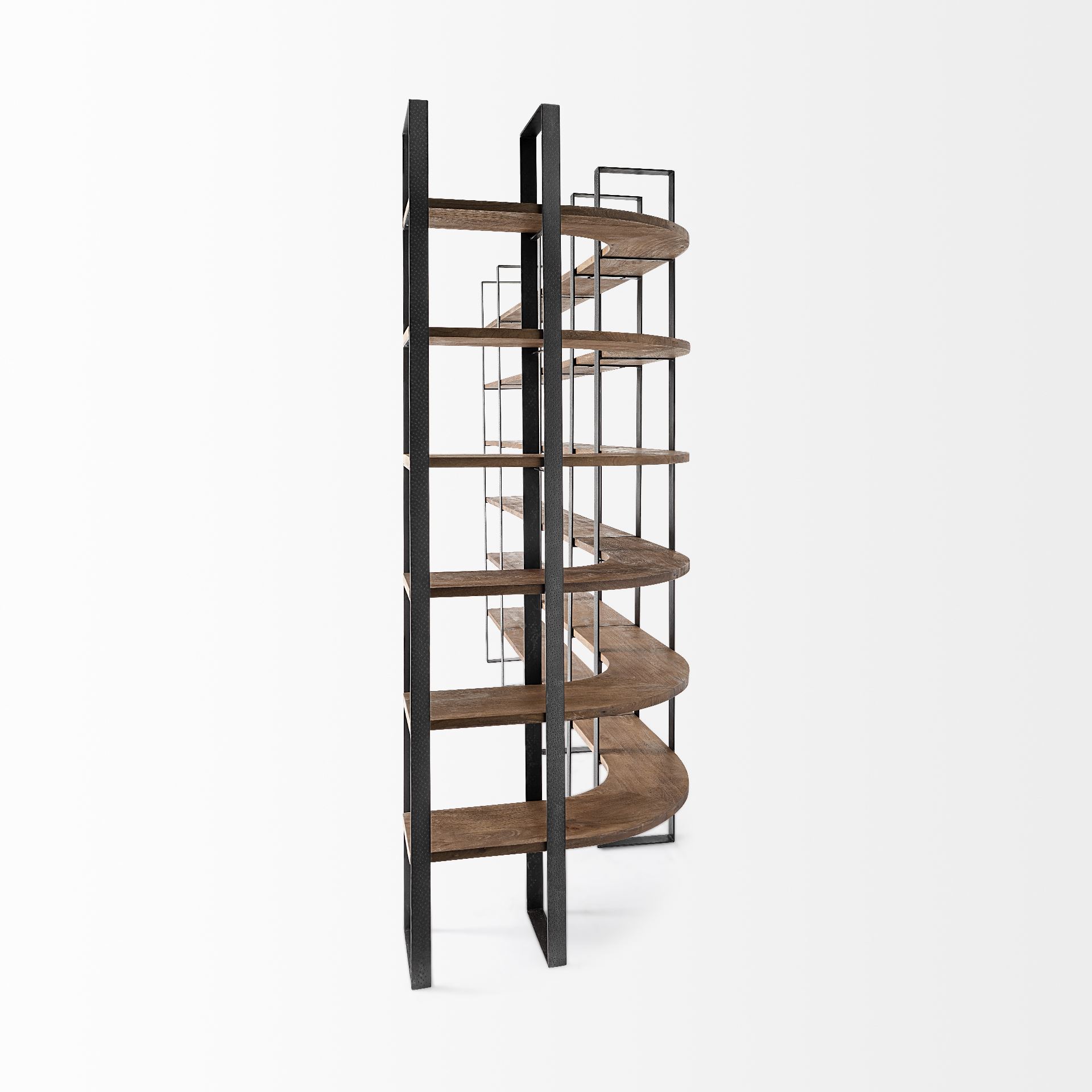 Turner II 37L x 10.5W x 90H Curved Dark Brown Wood And Black Iron Six Shelving Unit, Shelving & Bookcase by Mercana, 36.5" length x 36.5" width x 90" height View 8