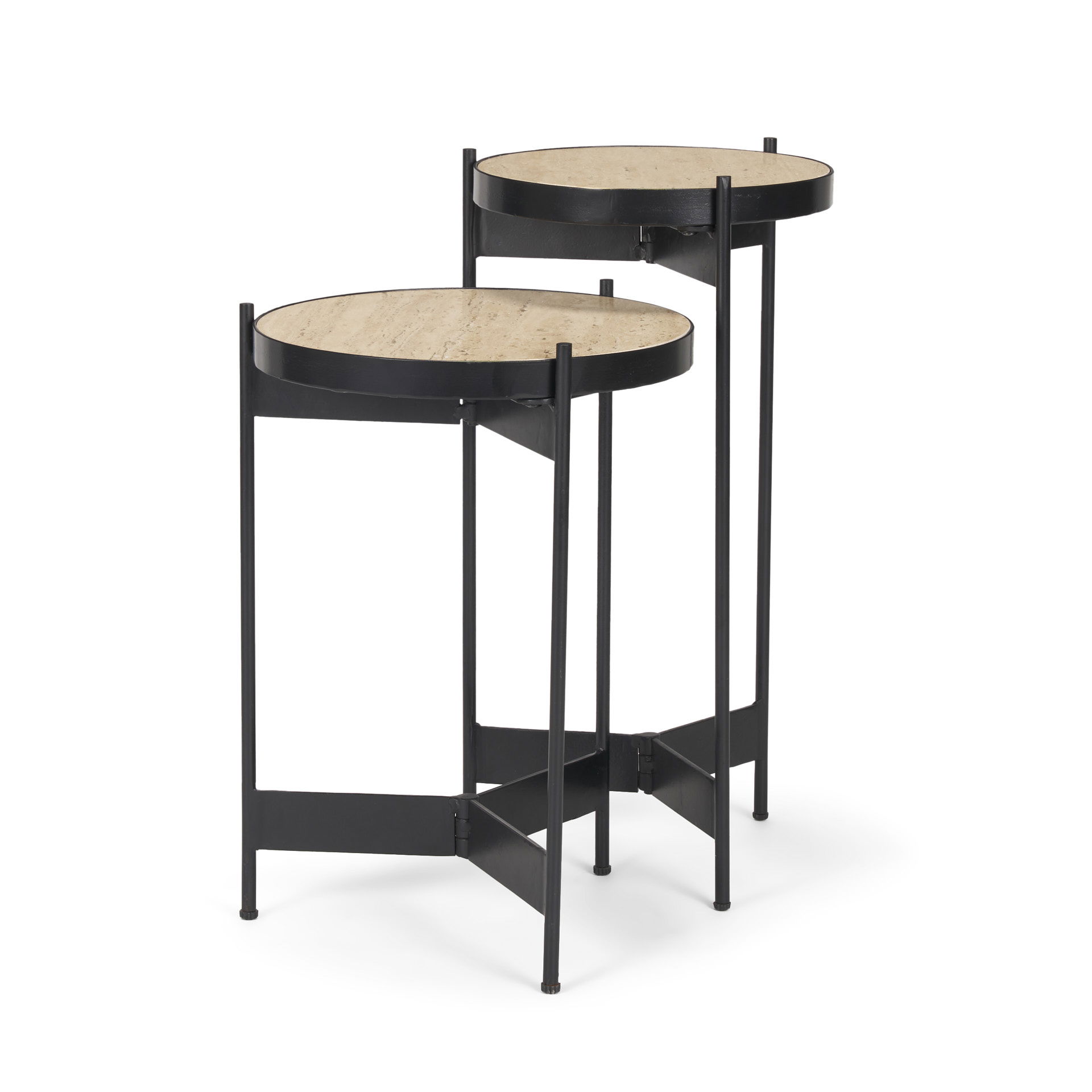Wade Travertine Marble with Matte Black Metal End Tables, Side & End Table by Mercana, 26" length x 14" width x 24" height View 1