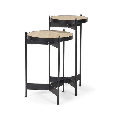 Wade Travertine Marble with Matte Black Metal End Tables