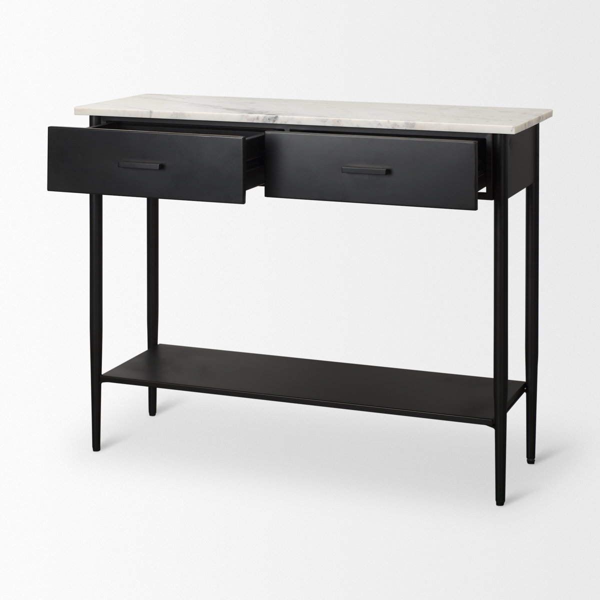 Amika White Marble Top Black Metal Base Console Table, by Mercana, 44" length x 12" width x 32" height View 9