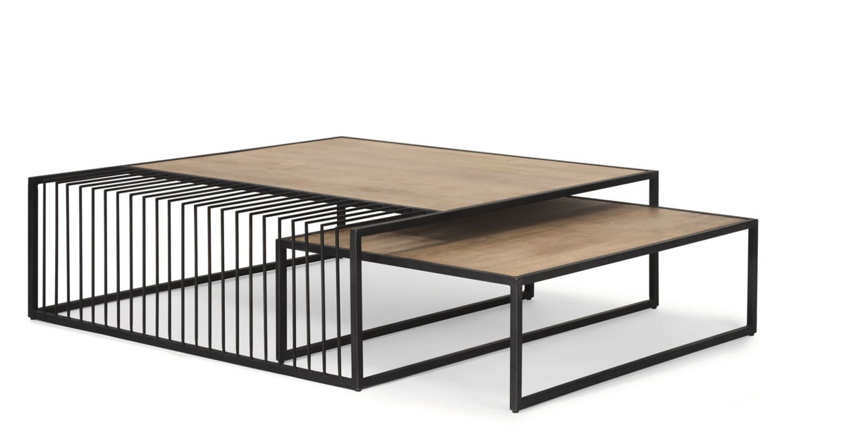 Miles Black Metal with Light Wood Nesting Coffee Table, by Mercana, 48" length x 48" width x 15" height View 1