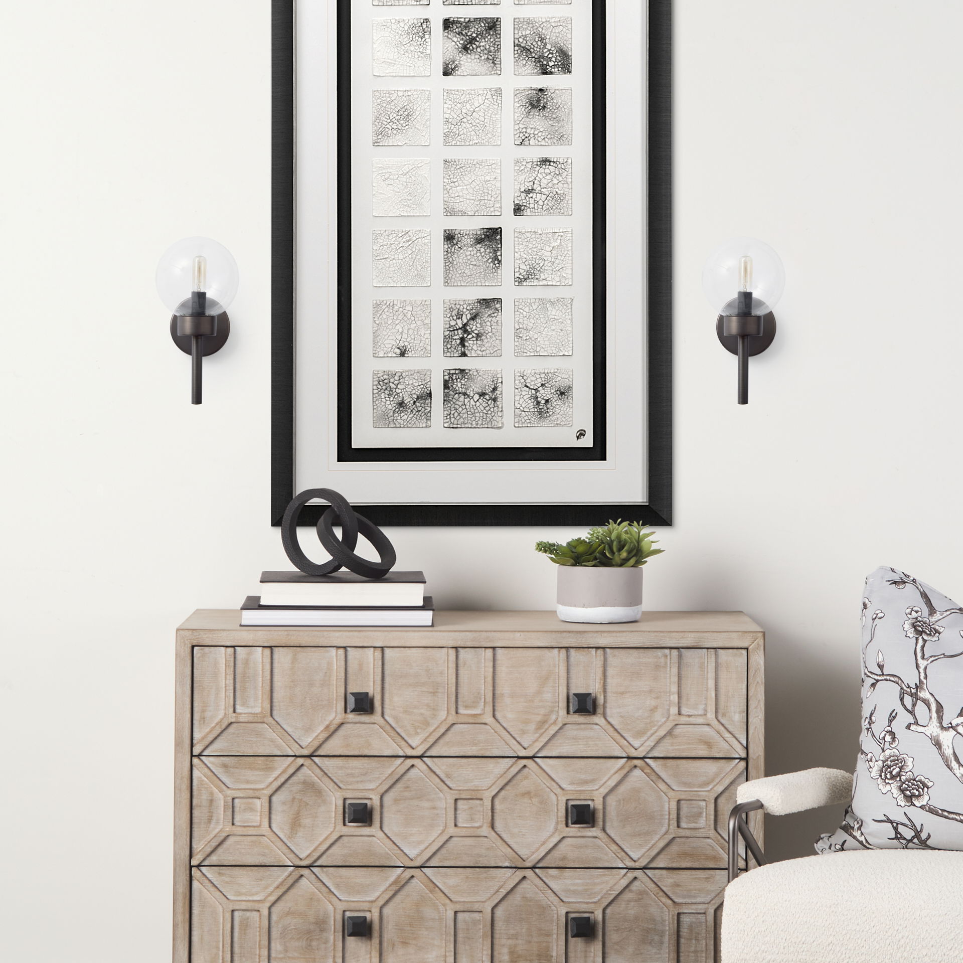 Boltern II 6x12 Black Toned Glass Globe Wall Sconce, by Mercana, 6" length x 6" width x 12" height View 2