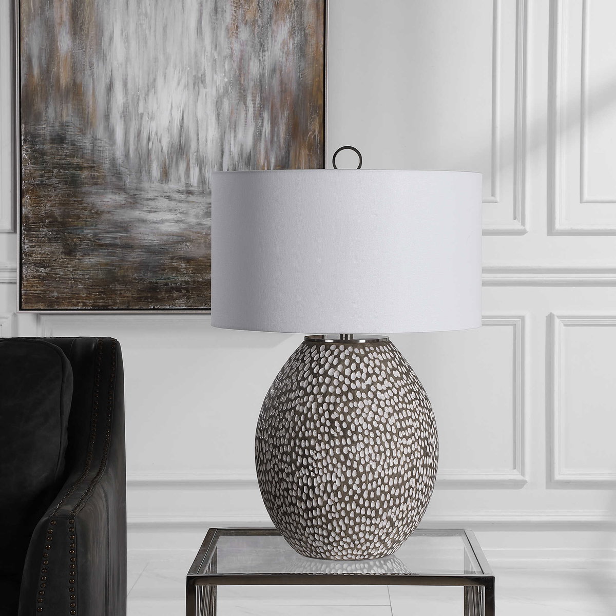 Cyprien Gray White Table Lamp, by Uttermost, 1'6" width x 2'4.25" height x 1'6" depth View 4