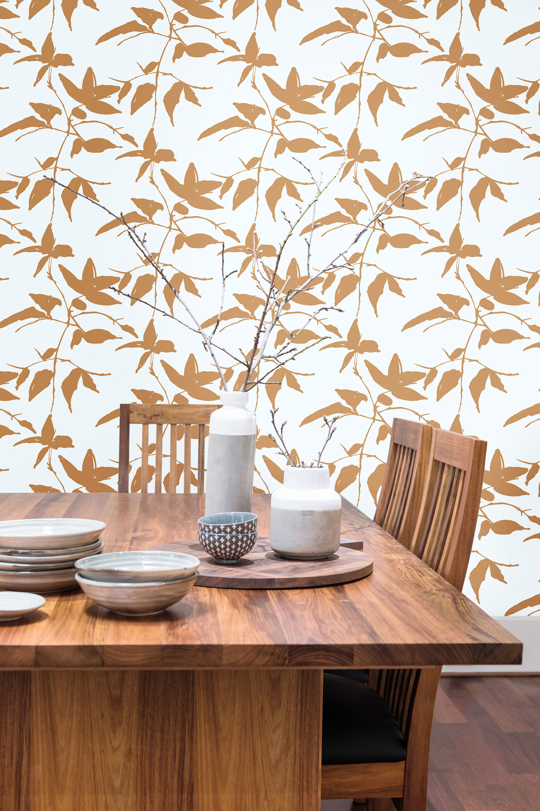 Persimmon Leaf Gold & White Wallpaper Persimmon Leaf Gold & White Wallpaper large image