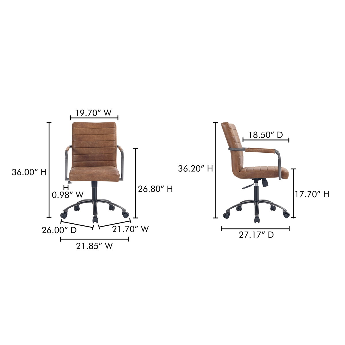Roy Office Chair Open Road Brown Leather, by Moe's Home, 21.85" width x 36" height x 27.17" depth View 10