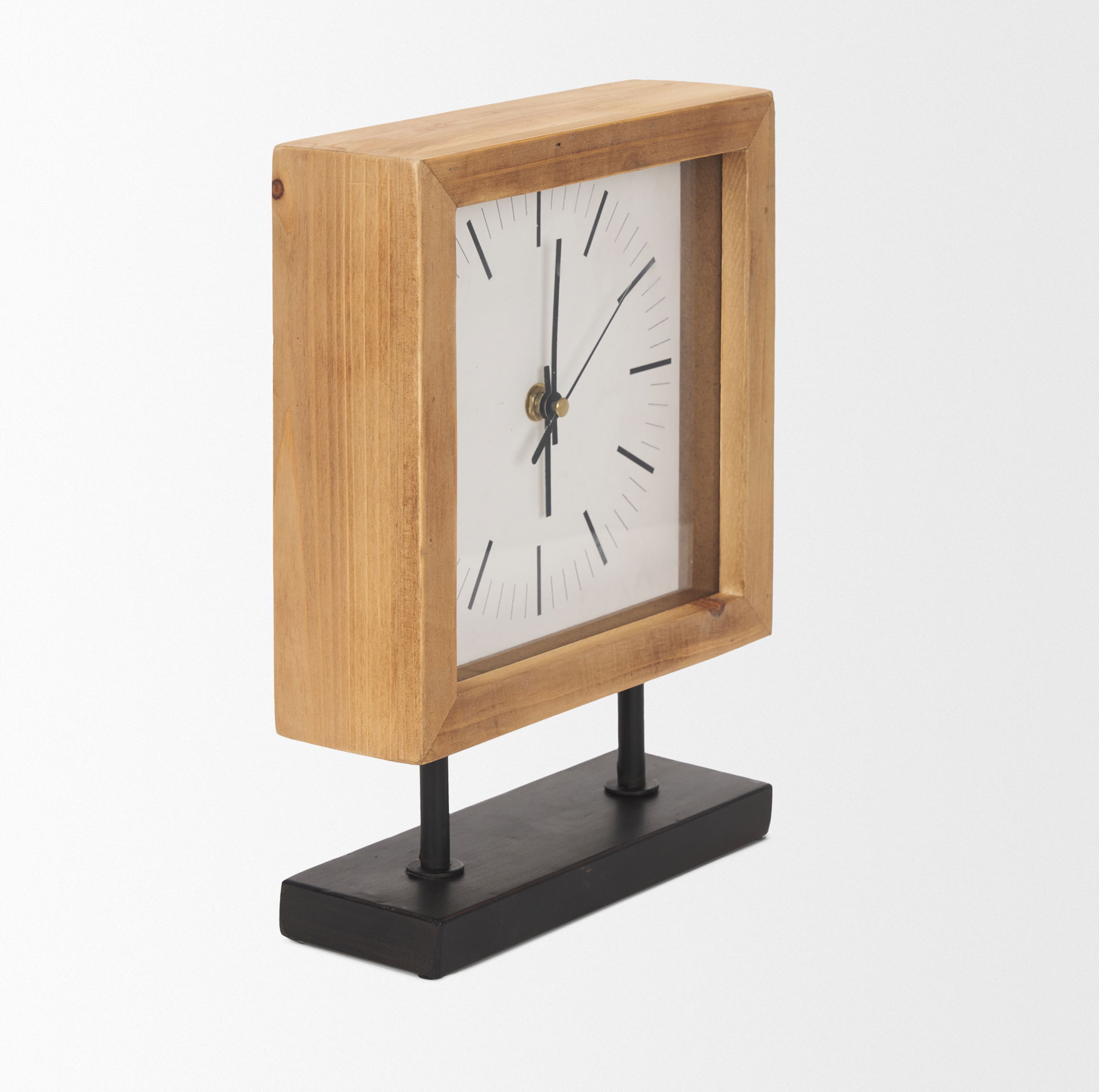 Renaya Light Brown Wood with Matte Black Metal Base Table Clock, by Mercana, 8.07" length x 2.76" width x 11.02" height View 7