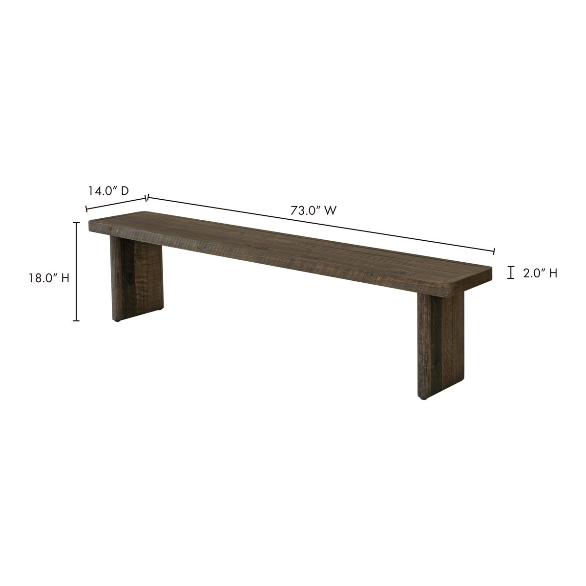 Monterey Bench Aged Brown, Benche by Moe's Home, 73" width x 18" height x 14" depth View 9