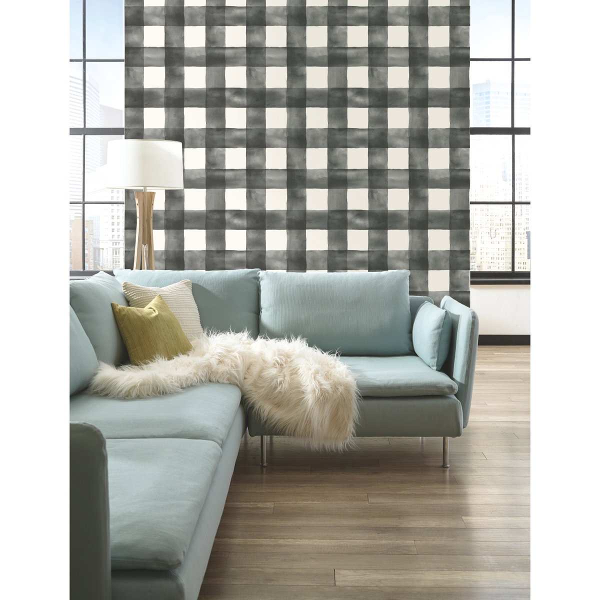 Watercolor Check Black & White Wallpaper, by York Wall, 33' length x 1'8.5" width x 0.02" depth View 2
