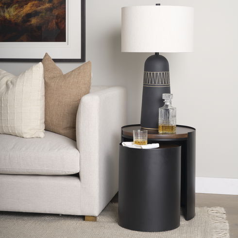Varden Matte Black Metal with Dark Brown Wood Top Nesting Accent Tables
